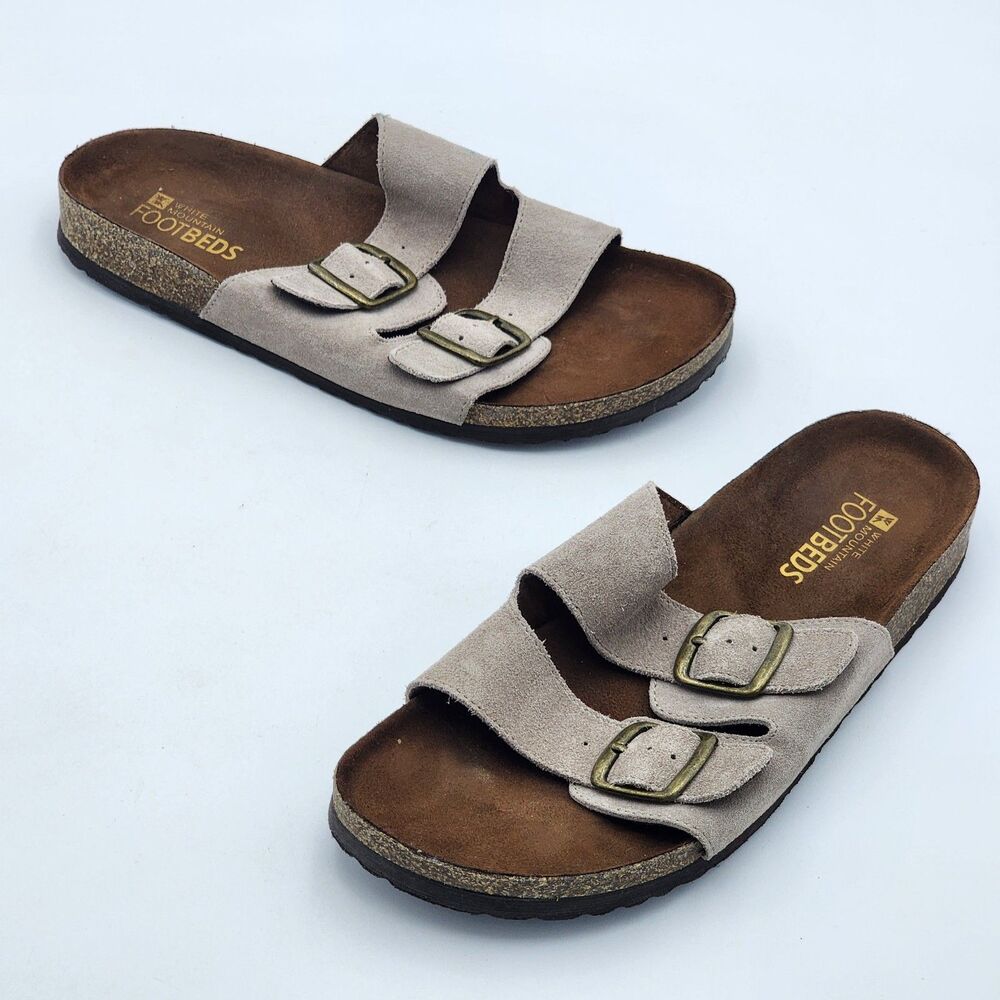 White Mountain Footbeds Helga Boho Dual Buckle Suede Slide Sandals Taupe Size 10